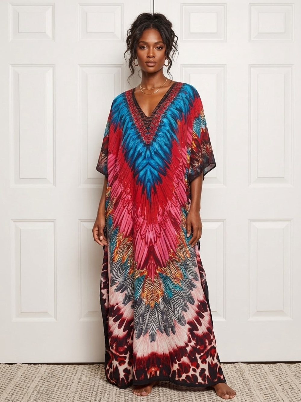 V-Neck Bold Featherprint Kaftan Maxi Dress in Blue and Pink